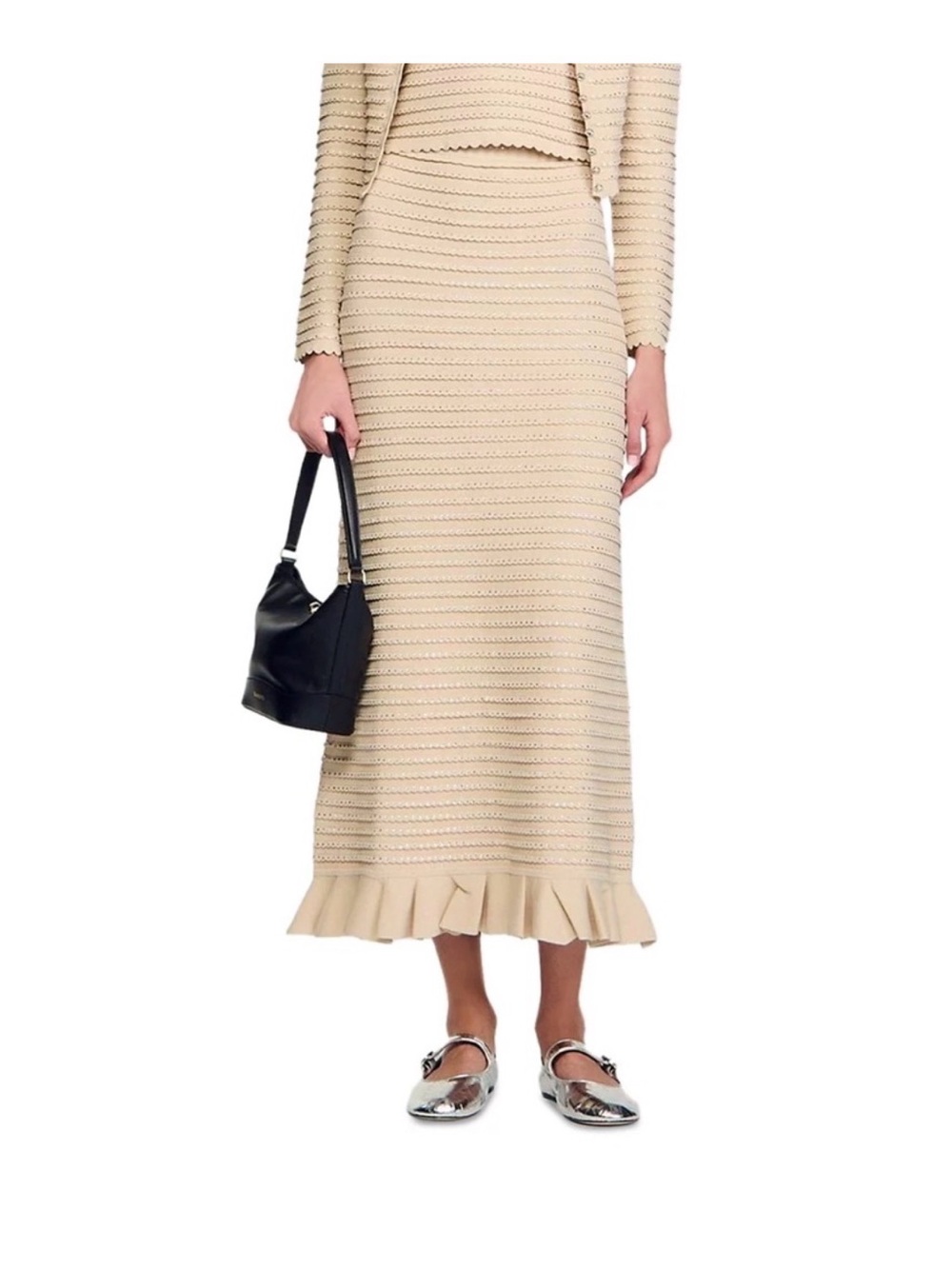 Sandro Beige Knit Maxi Skirt with Ruffle Hem